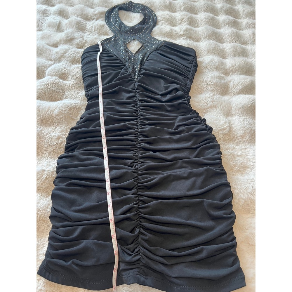 Crystal Doll Y2K Black Ruched Mini Dress with Rhinestone Halter Neckline Size S - Picture 3 of 8